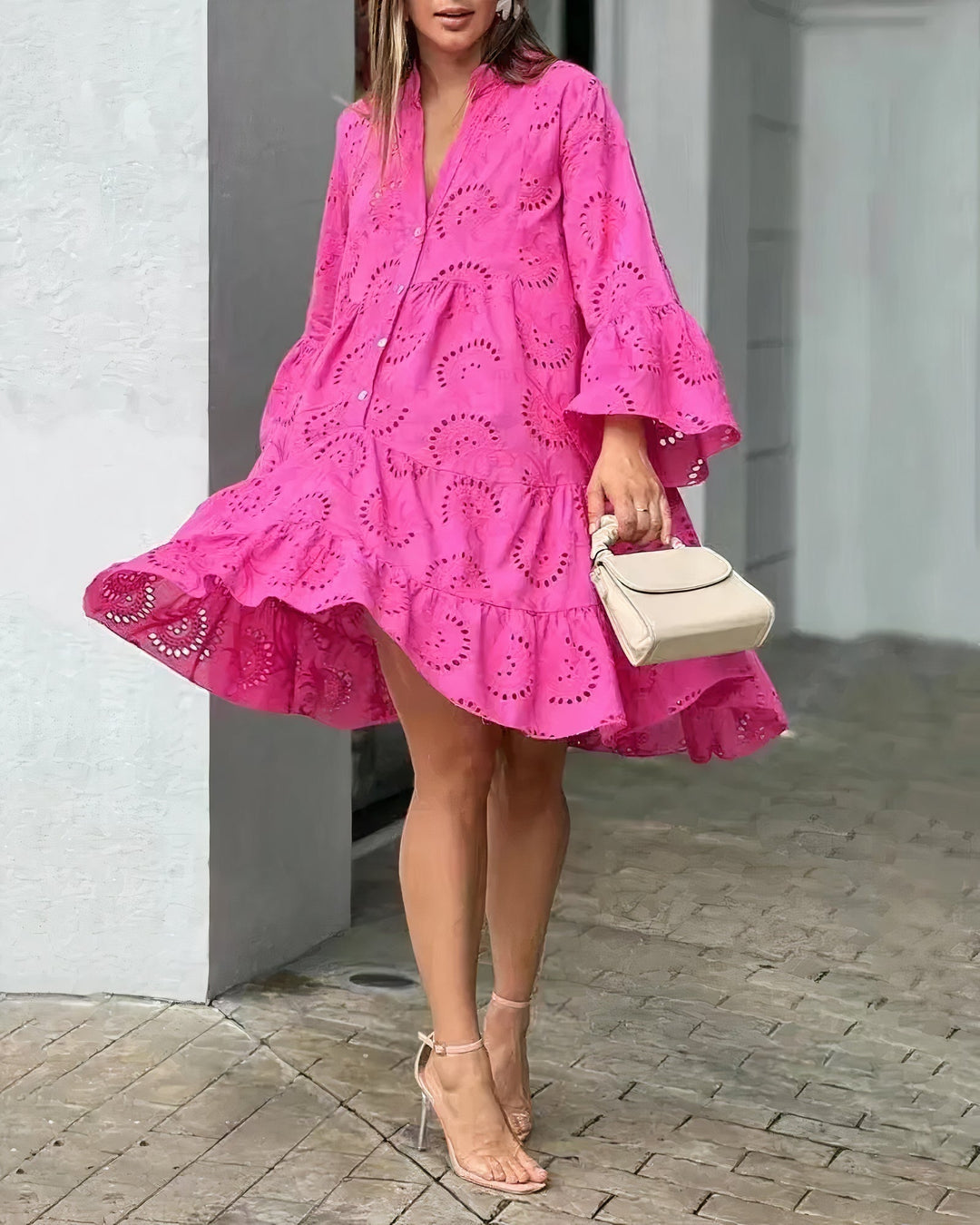Seraphina - Eyelet Ruffle Mini Dress — Dark Pink