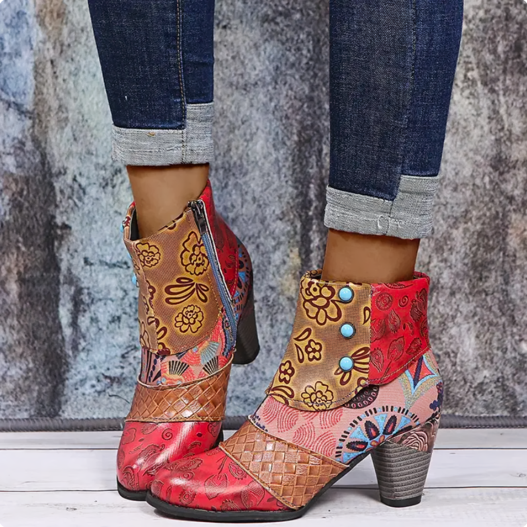 Coretta - Embroidered Heeled Boots — Red