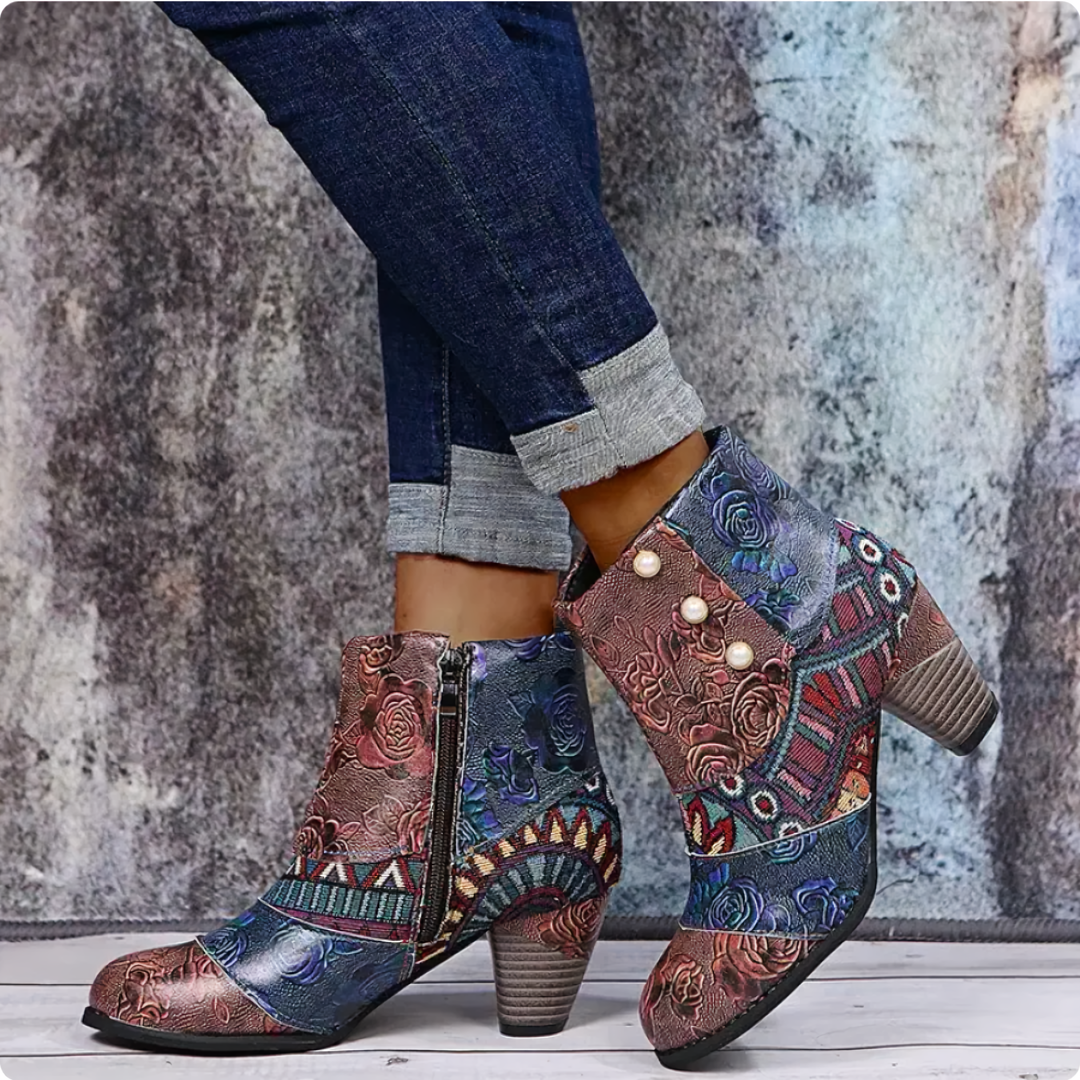 Coretta - Embroidered Heeled Boots — Grey