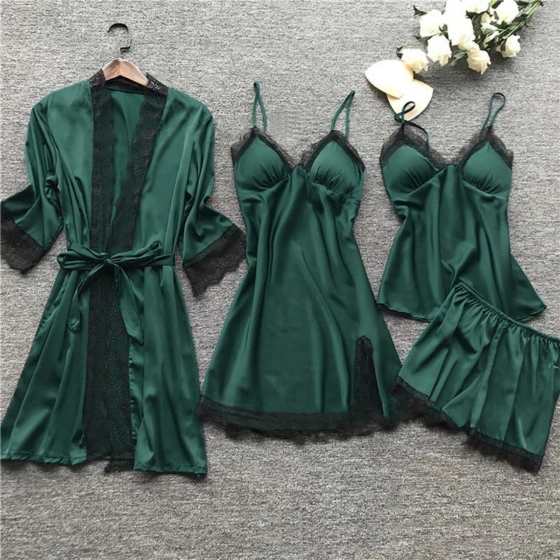 Iris - Satin Five Piece Pyjama Set — Green