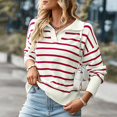Victoria - Stripe Polo Collar Jumper — Red