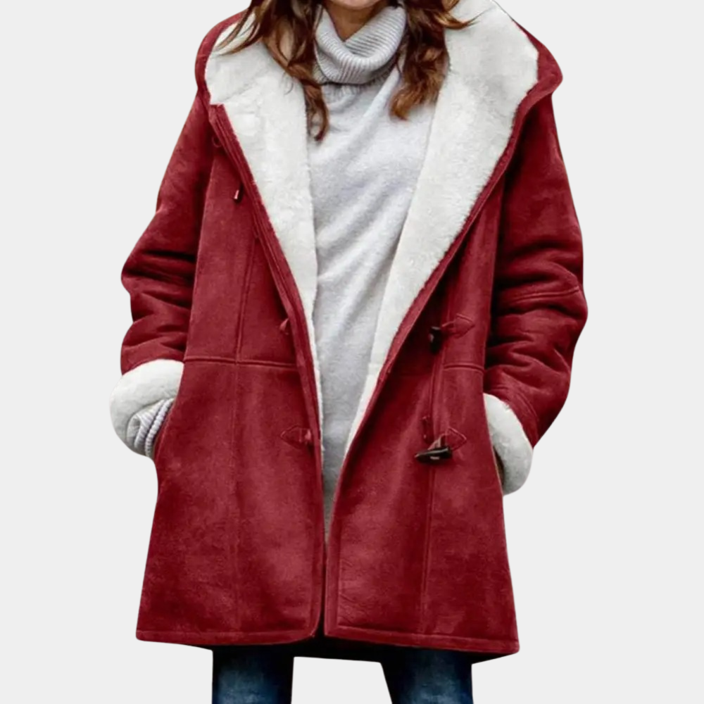 Gabrielle - Suede Hooded Coat with Sherpa — Red