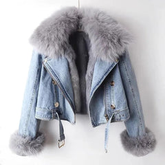 Rosanna - Denim Jacket with Fur Trim — Light blue