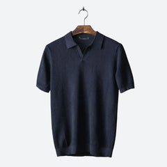 Martin - Open Collar Knit Polo — Dark blue