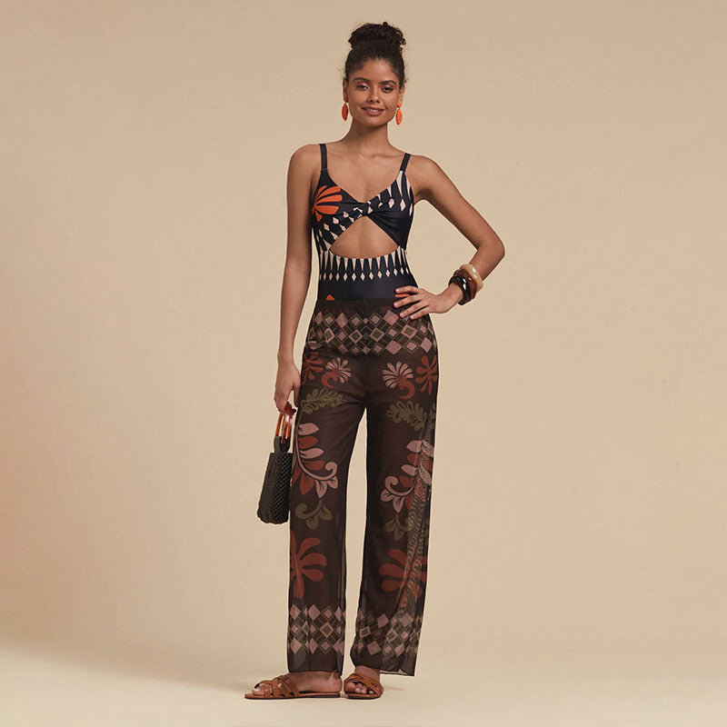 Kitty - Print Bikini with Beach Trousers — Coffee-coloured