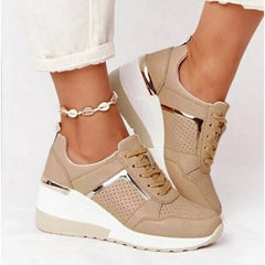Evangeline - Wedge Trainers with Gold Trim — Beige