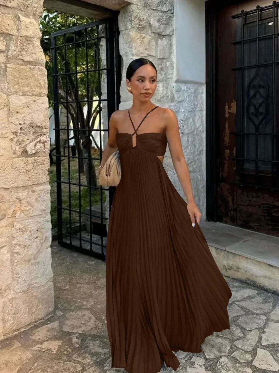 Kimberley - Pleated Maxi Dress with Straps — Brown