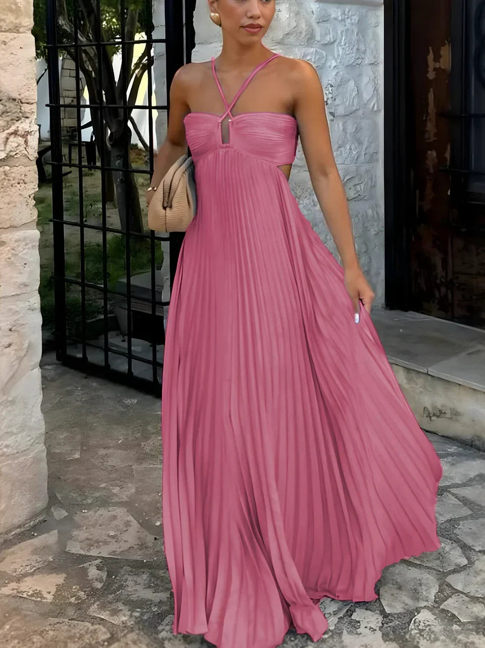 Kimberley - Pleated Maxi Dress with Straps — Pink