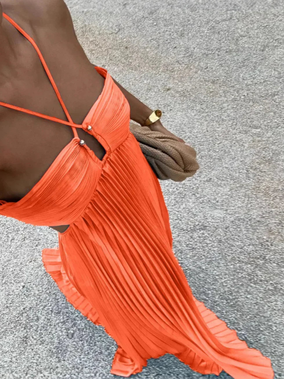 Kimberley - Pleated Maxi Dress with Straps — Orange