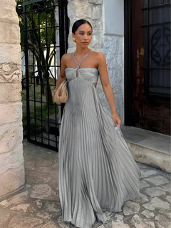 Kimberley - Pleated Maxi Dress with Straps — Gray
