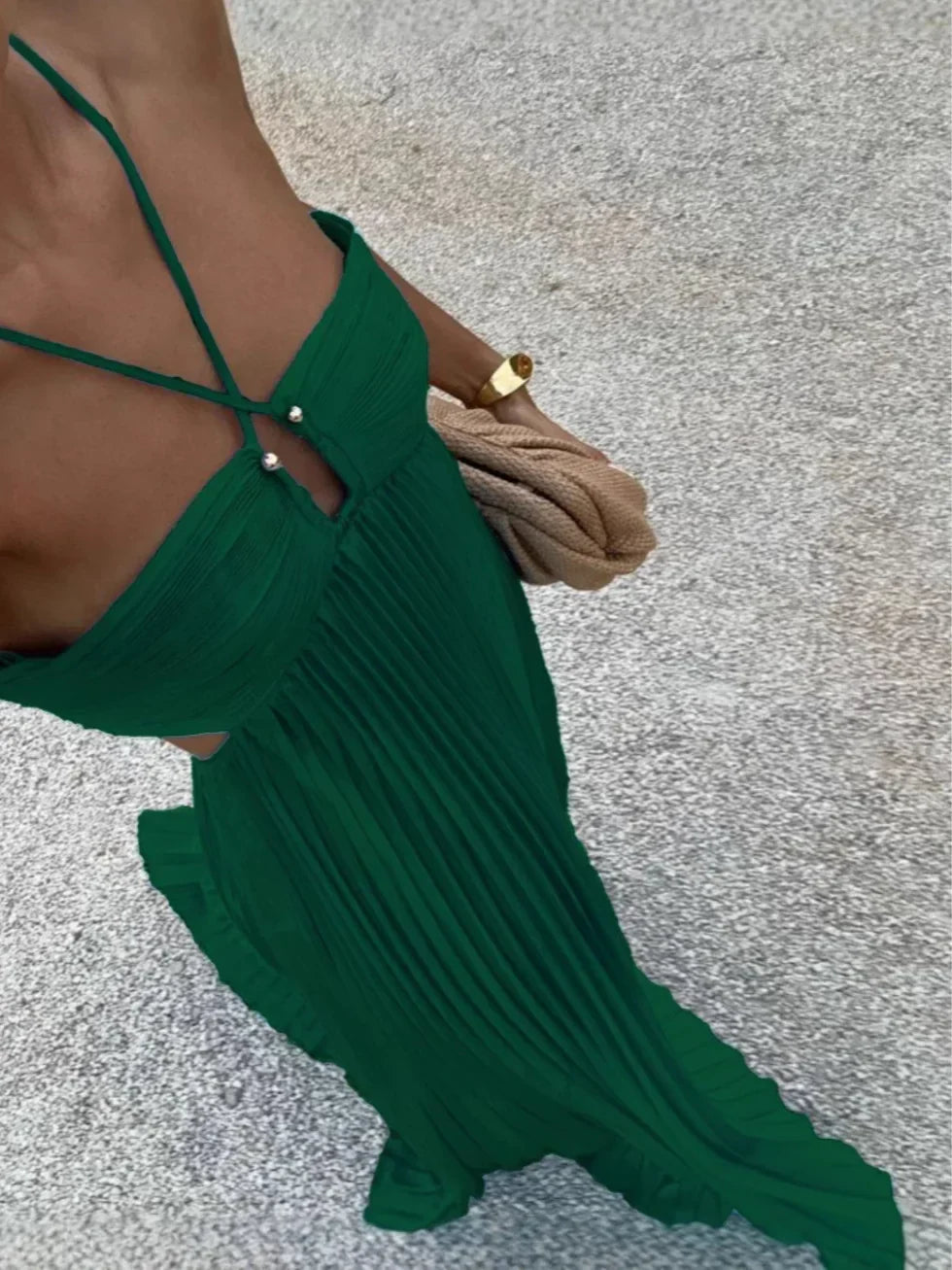 Kimberley - Pleated Maxi Dress with Straps — Green