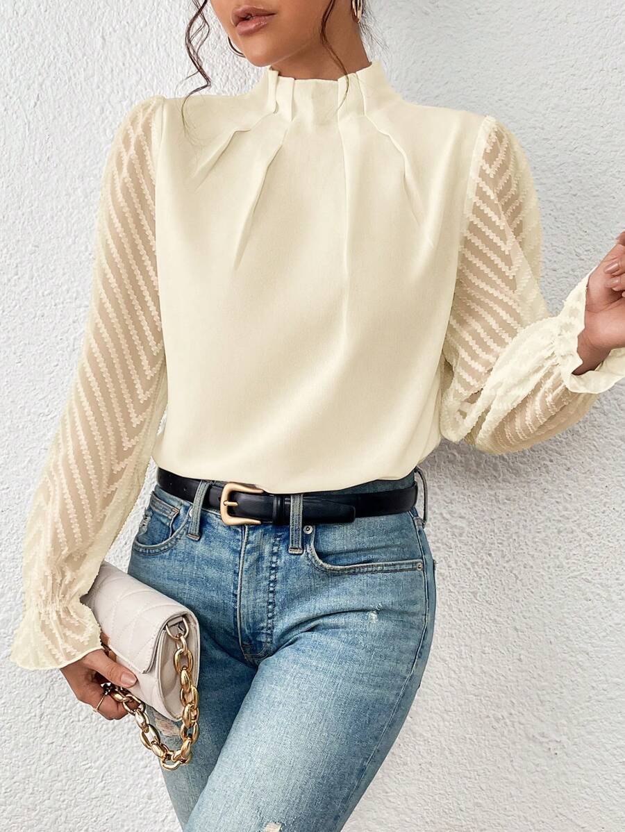 Marguerite - High Neck Sheer Sleeve Blouse — Off-white