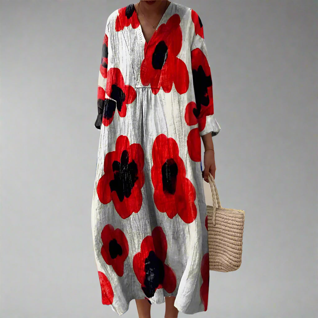 Virginia - Maxi Dress with Red Poppy Print — White