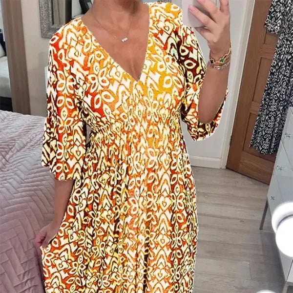 Charmaine - Print V Neck Tunic Dress — Yellow