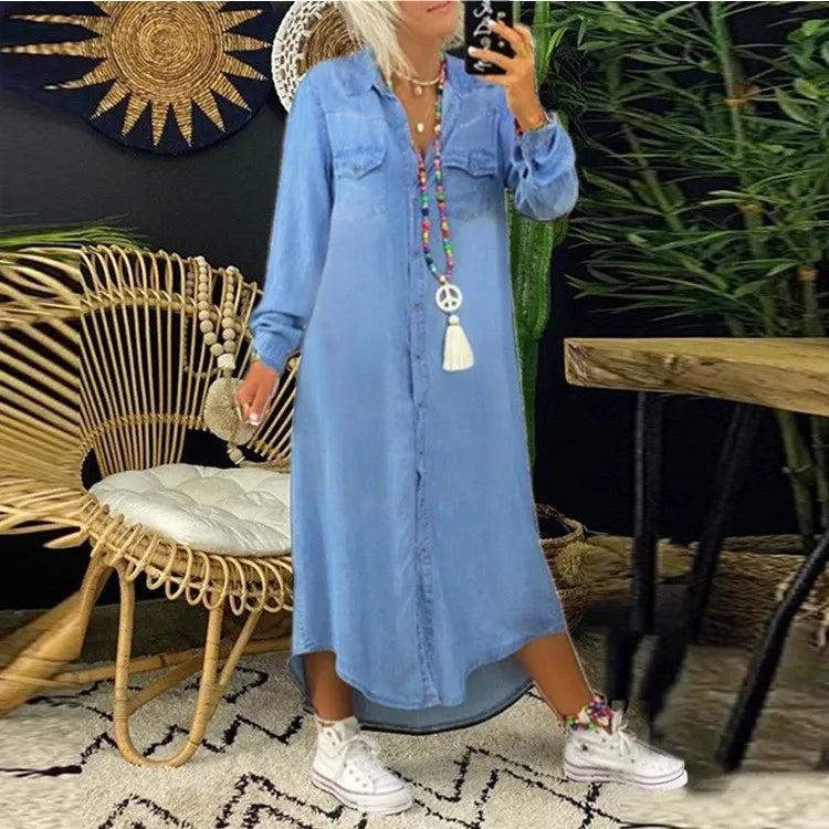Clarissa - Denim Shirt Maxi Dress — Blue
