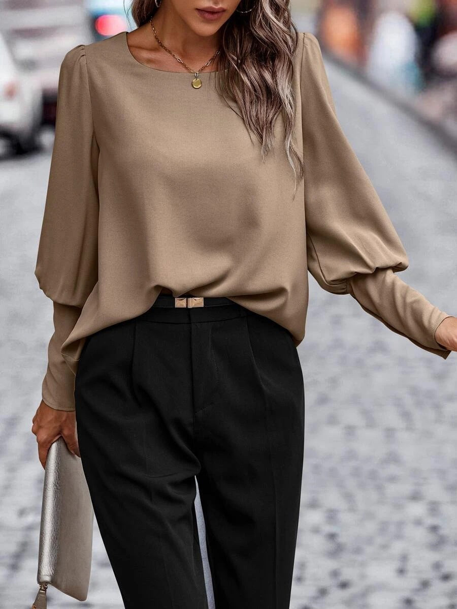 Alicia - Satin Blouse with Cuffs — Brown
