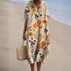 Constance - Bright Floral Midi Dress — Beige