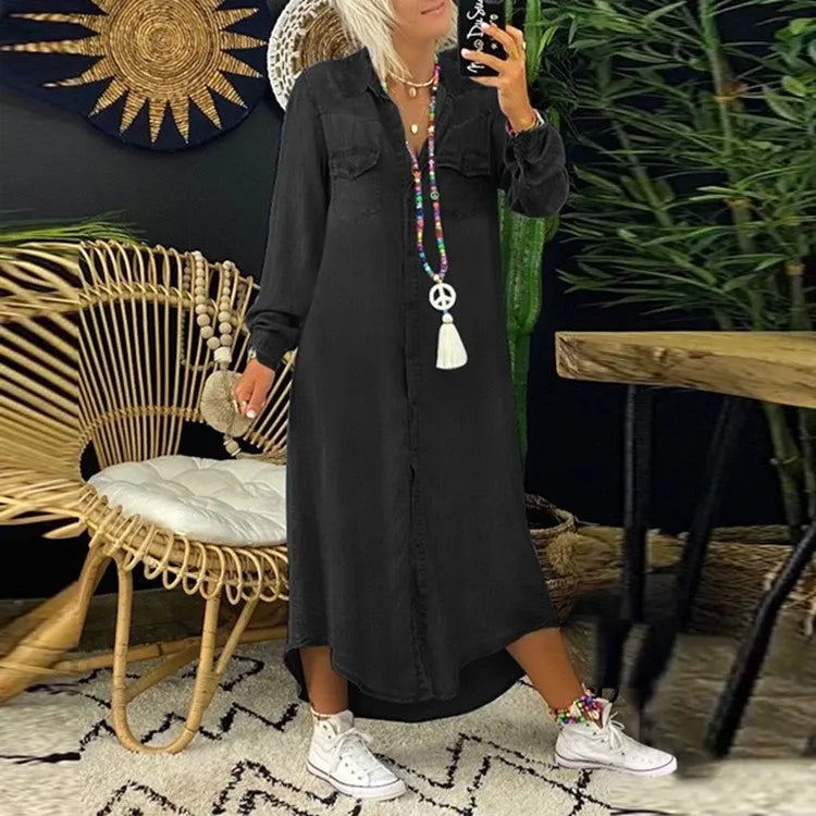 Clarissa - Denim Shirt Maxi Dress — Black