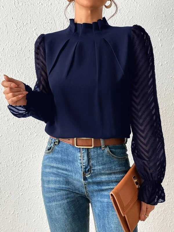 Marguerite - High Neck Sheer Sleeve Blouse — Navy blue