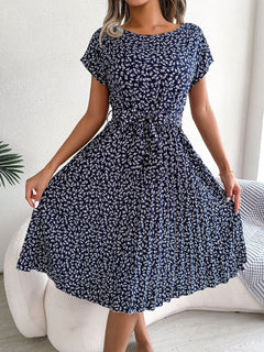 Christina - Ditsy Floral Belted Midi — Blu marino