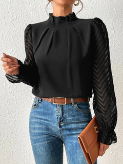 Marguerite - High Neck Sheer Sleeve Blouse — Black