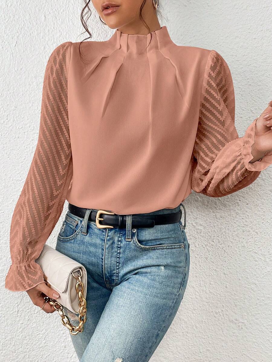 Marguerite - High Neck Sheer Sleeve Blouse — Peach