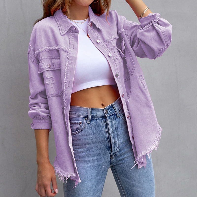 Billie - Frayed Denim Jacket — Purple