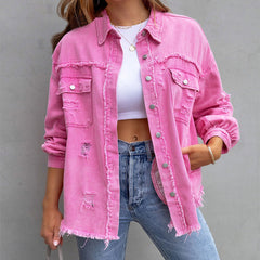 Billie - Frayed Denim Jacket — Pink