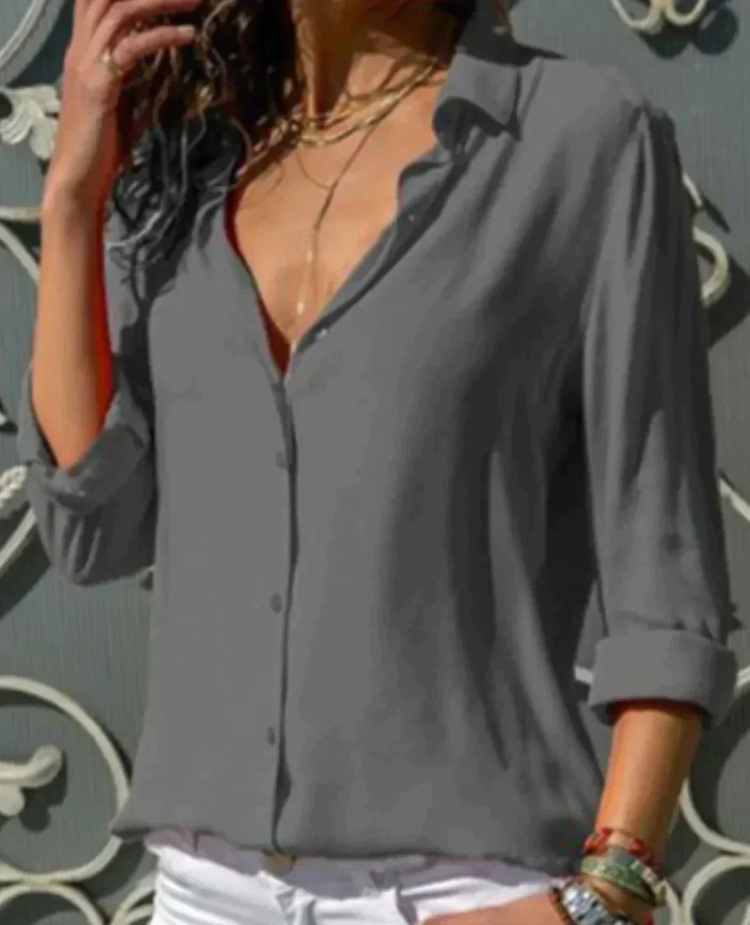 Annalise - Satin Button Blouse — Grey