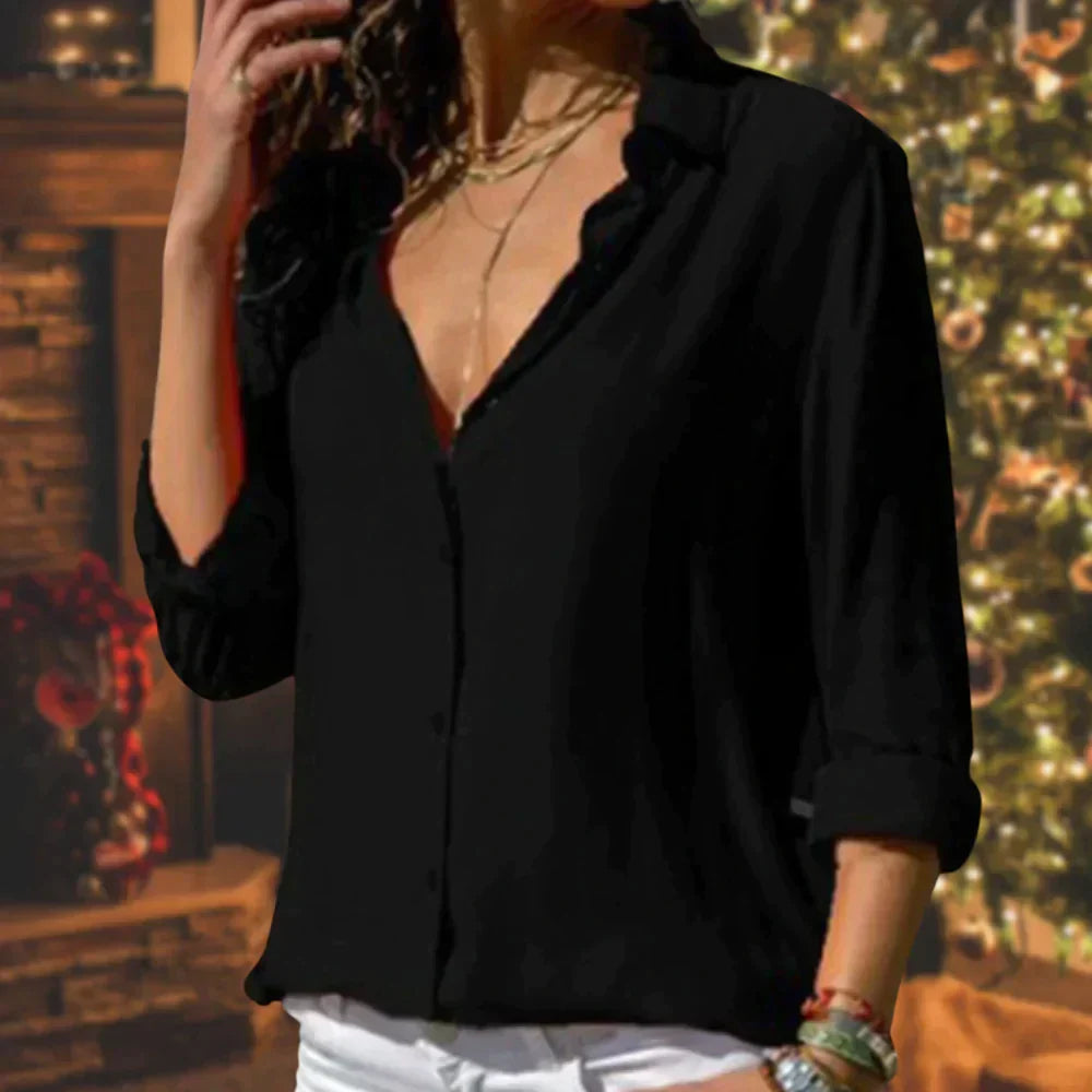 Annalise - Satin Button Blouse — Black