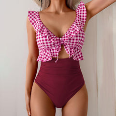 Natalie - Ruffle Tie Front Bikini — Red Checkered Print