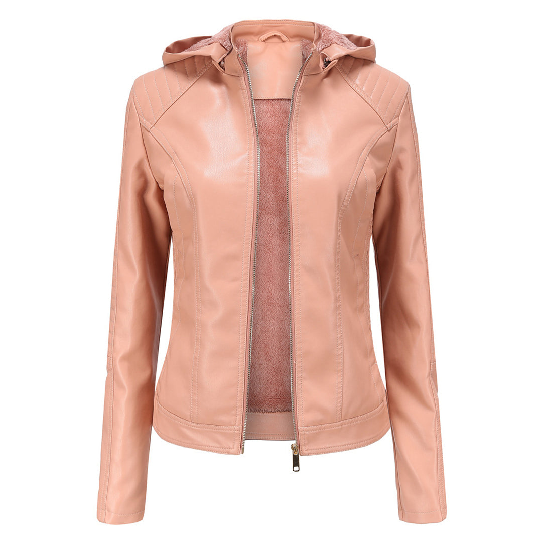 Roxanne - Hooded Faux Leather Jacket — Pink