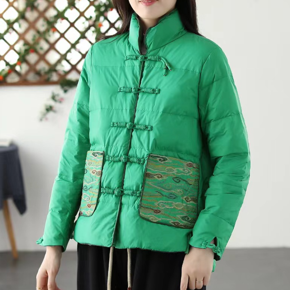 Tabitha - Padded Jacket with Brocade Panel — Green