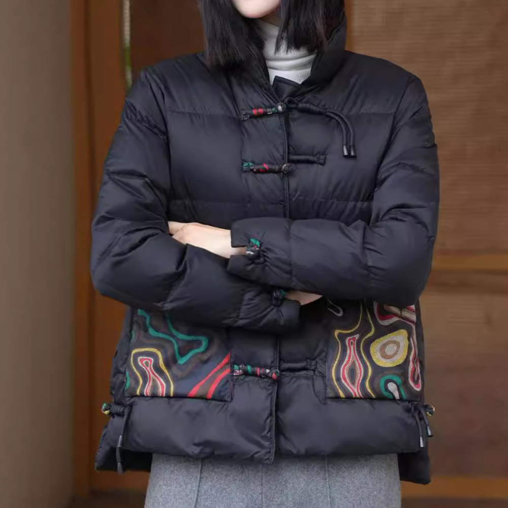 Constance - Puffer Jacket with Print Panel — Black