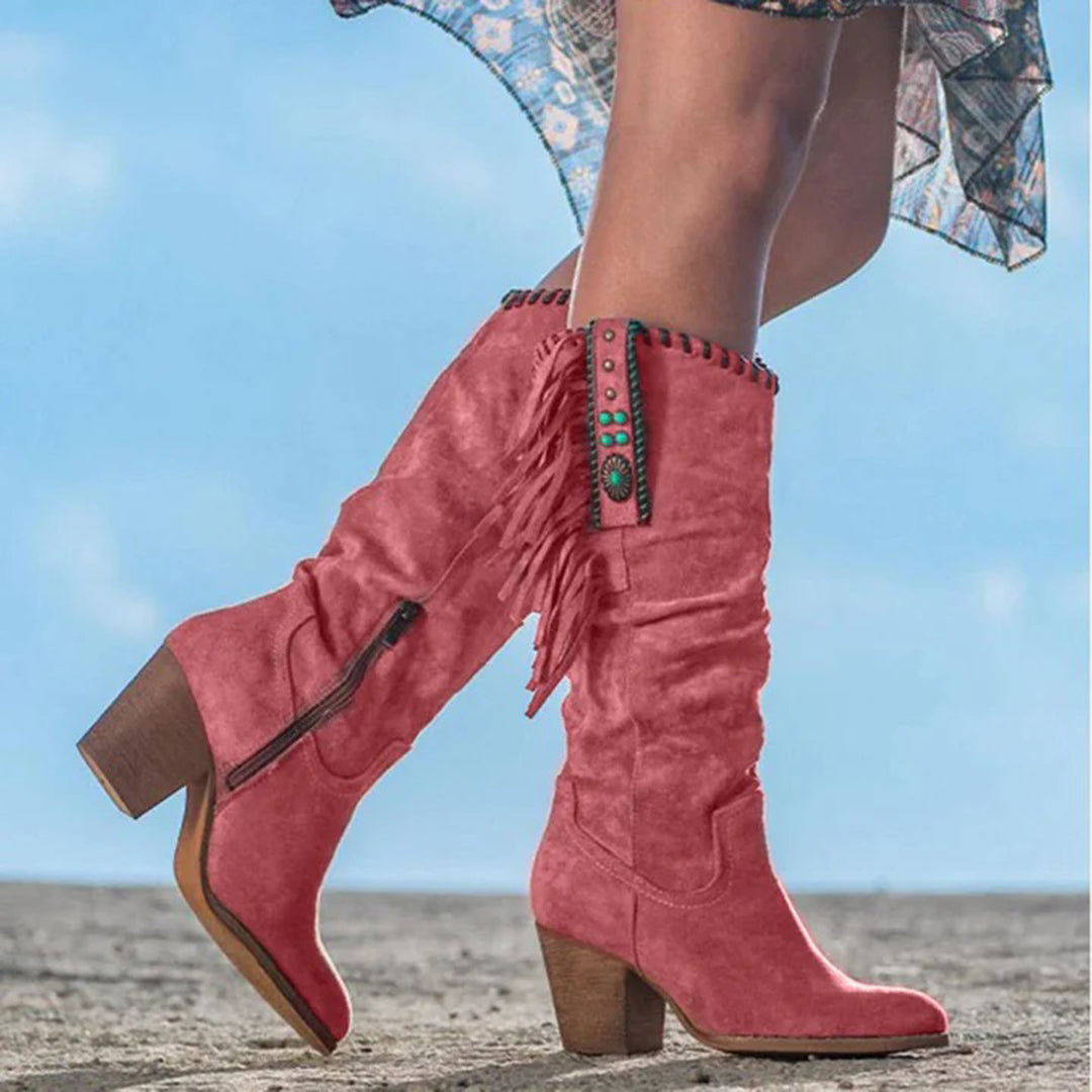 Susannah - Slouchy Western Knee Boots — Red