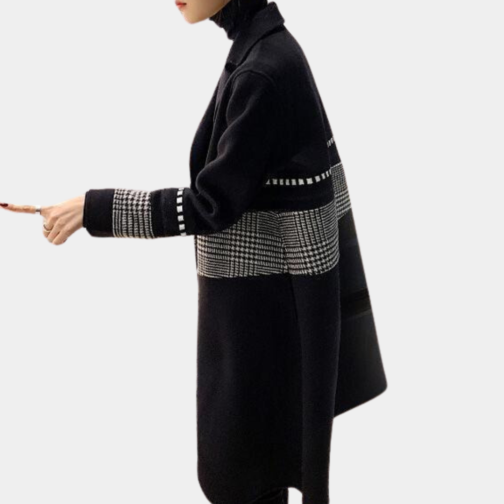 Victoria - Long Coat with Houndstooth Trim
