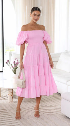 Magnolia - Tiered Off Shoulder Midi — Pink