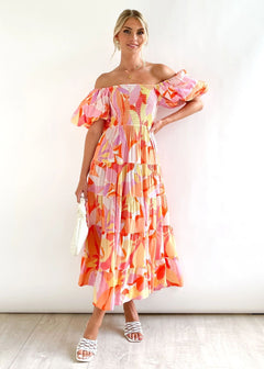 Prudence - Floral Off Shoulder Midi — Orange