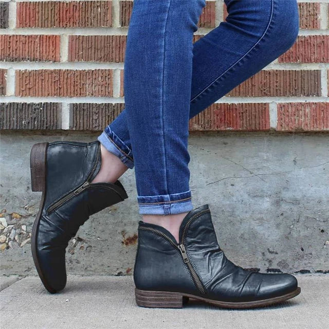 Christina - Leather Ankle Boots with Zip — Black