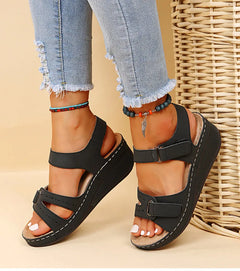 Evangeline - Velcro Wedge Comfort Sandals — Black
