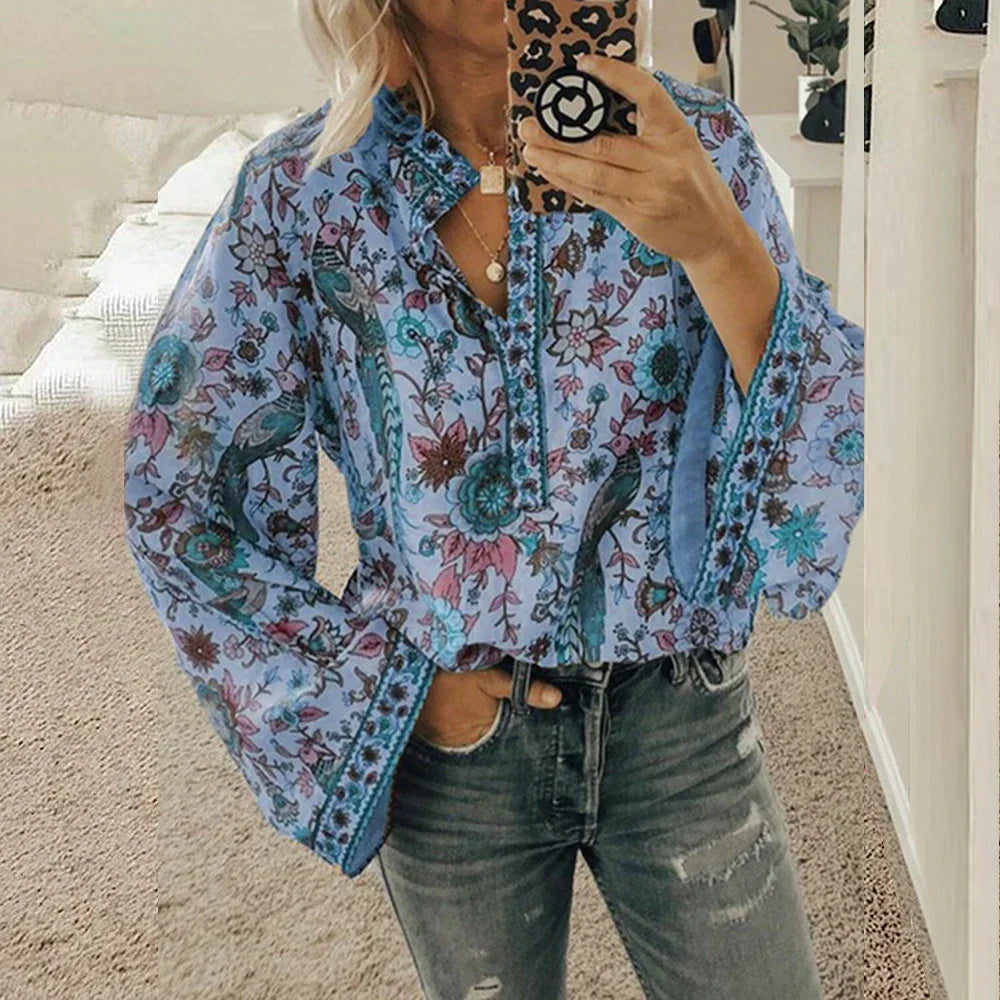 Cynthia - Floral Print Boho Blouse — Blue