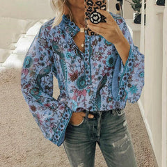 Cynthia - Floral Print Boho Blouse — Blue