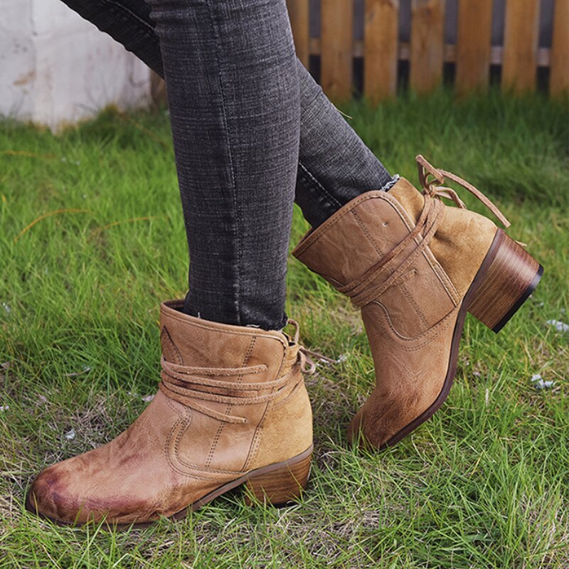 Greta - Distressed Ankle Boots — Khaki