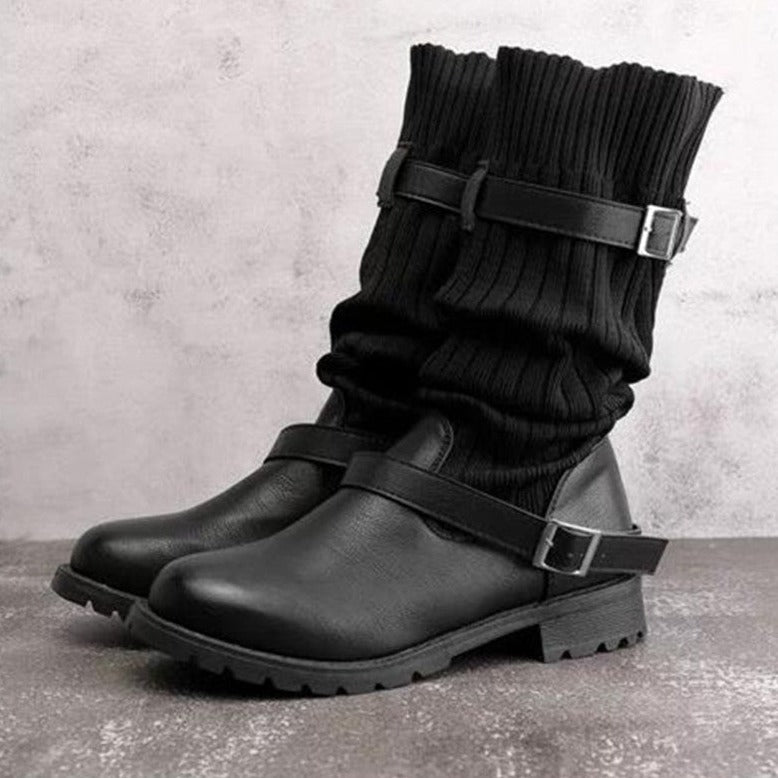 Kelly - Knit Shaft Boots with Buckle — Black
