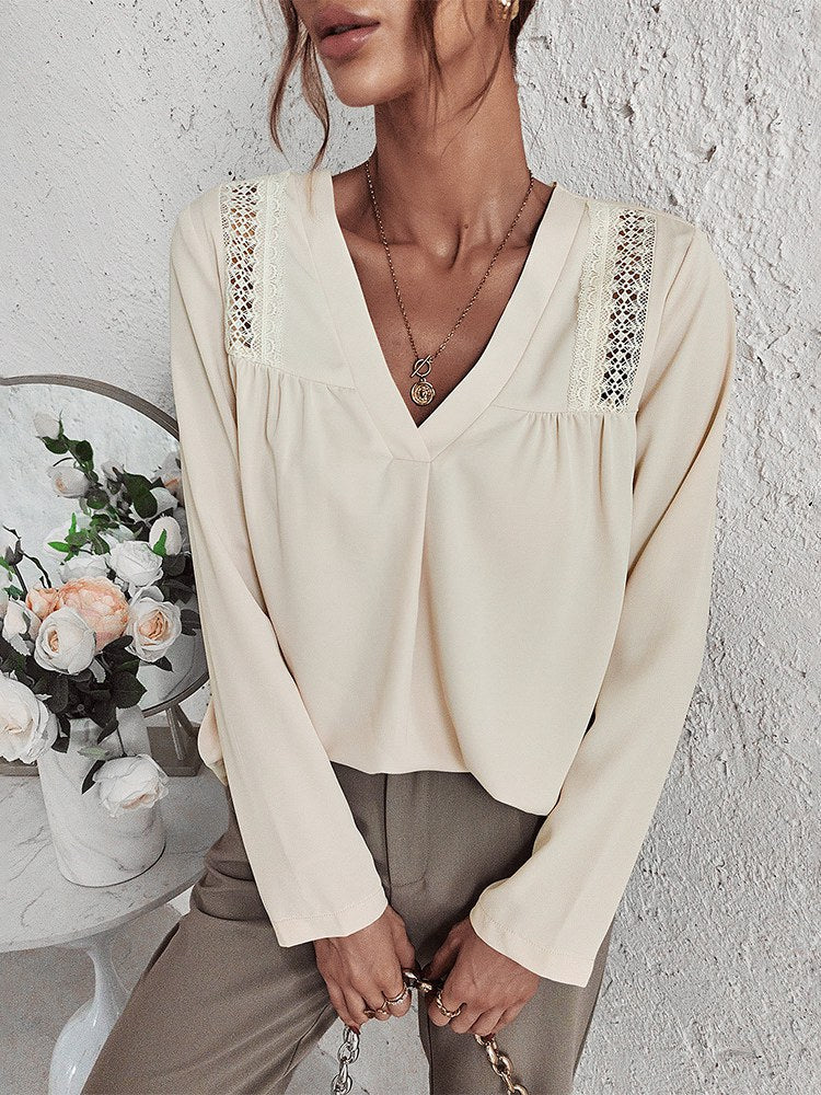 Jacqueline - V Neck Blouse with Lace Trim