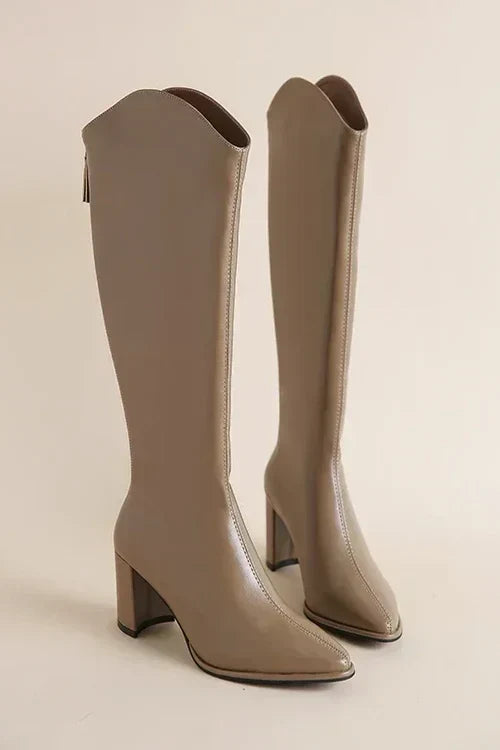 Bianca - Pointed Knee High Boots — Khaki