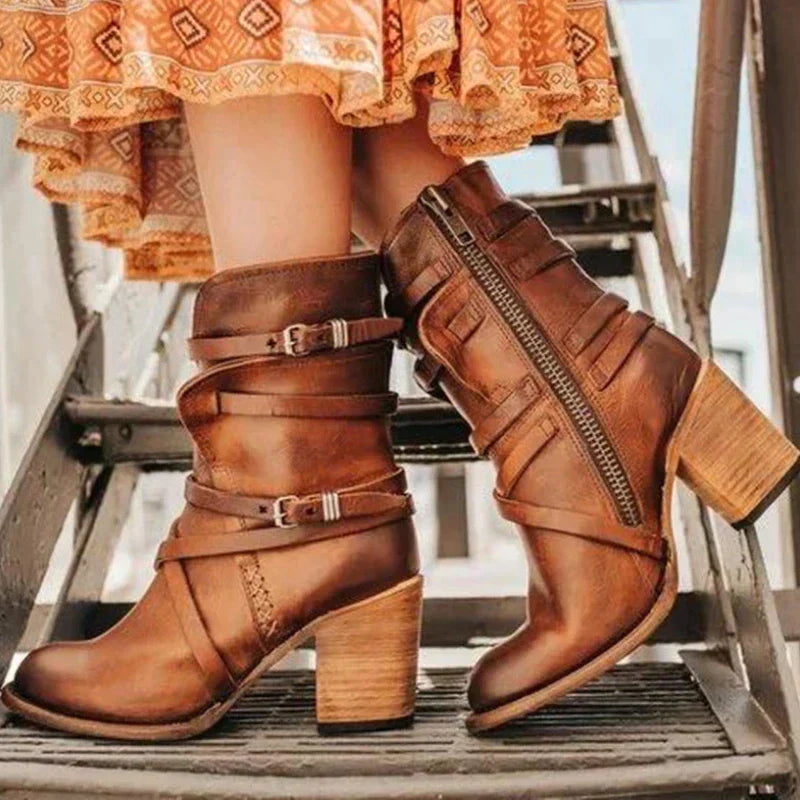 Fenella - Slouch Boots with Straps — Red forehead