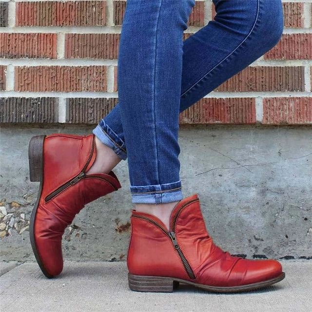 Christina - Leather Ankle Boots with Zip — Red