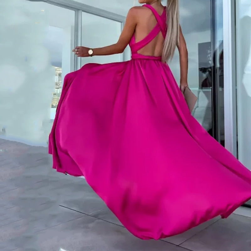 Virginia - Pink Satin Maxi Dress with Slit