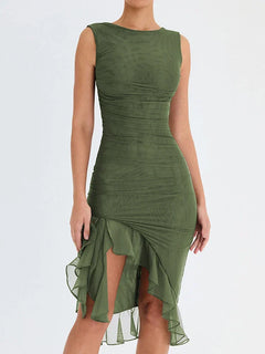 Susannah - Ruched Ruffle Hem Midi — Green